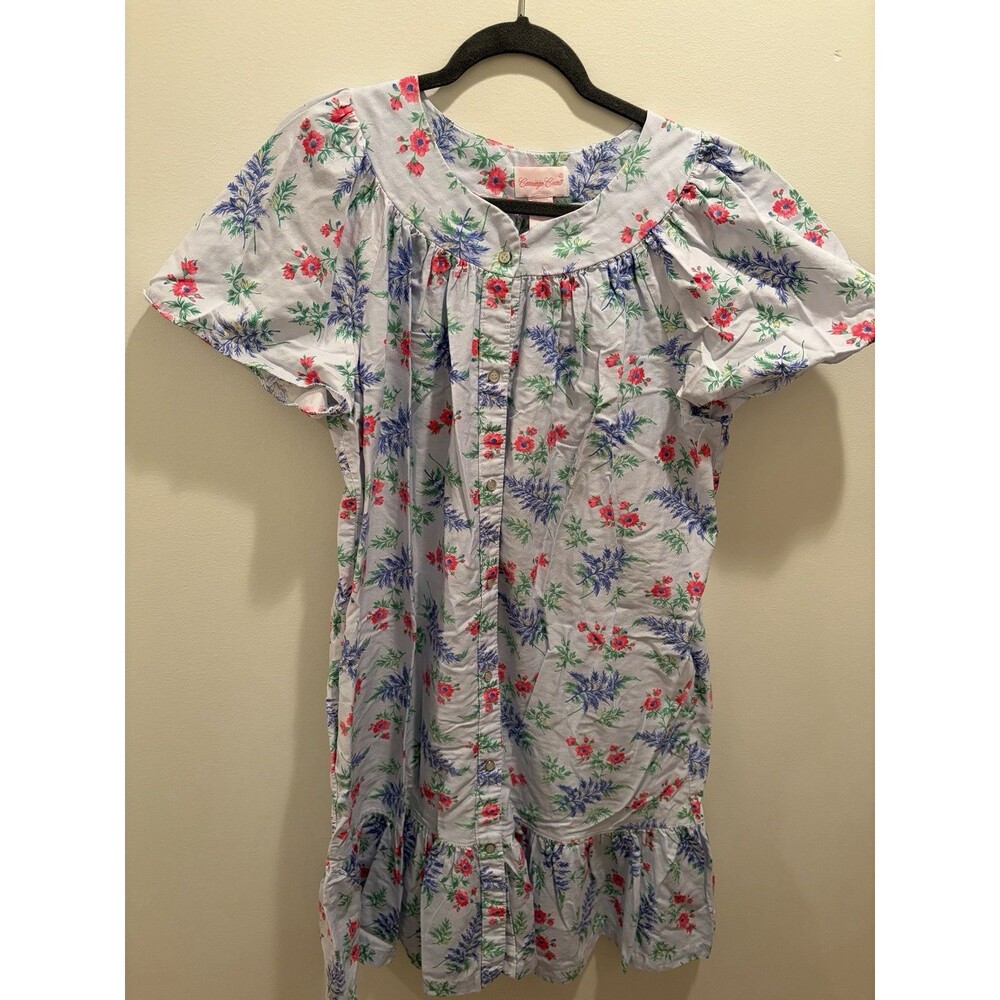 VTG Carriage Court Snap House Robe Sz L Blue Pink Floral Short Sleeve